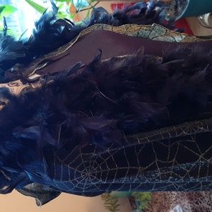 Halloween black dress includes sparkly spider web cape, hat, boa and gloves